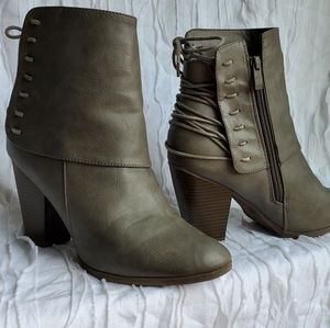 Grey Taupe Leather Lace Up Block Heel Booties